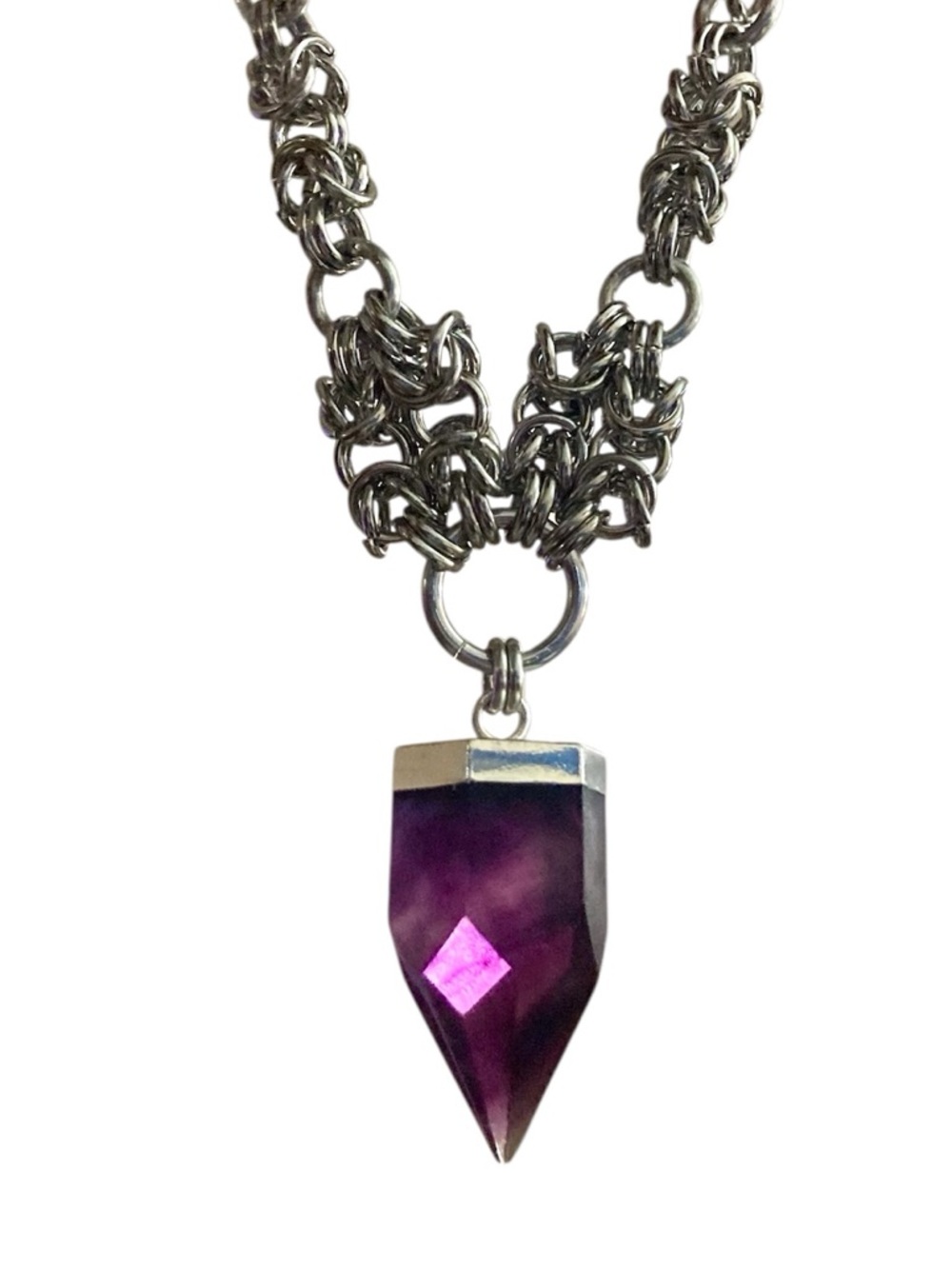 Genuine purple amethyst crystal charm bullet maille silver boho choker necklace